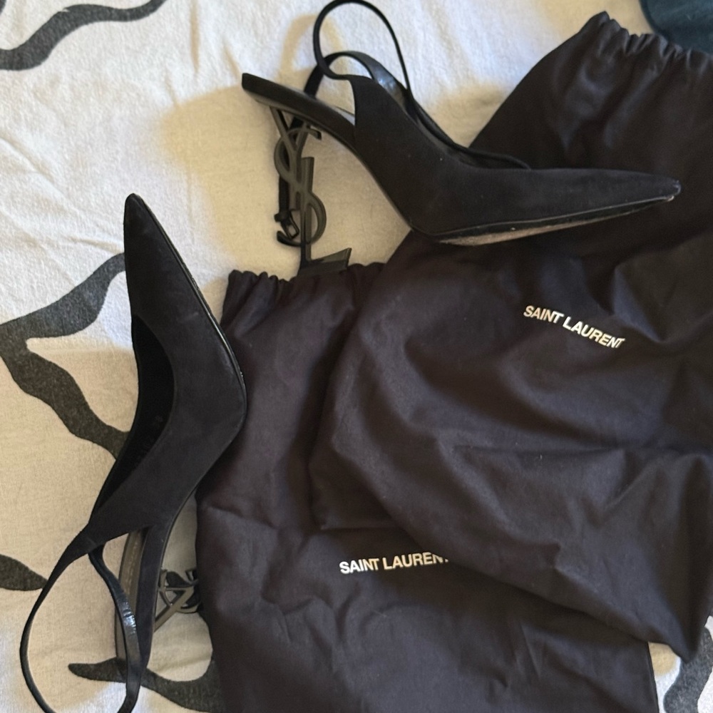 Saint Laurent Black Slingback Heels with Logo Heel - Picture 3 of 5